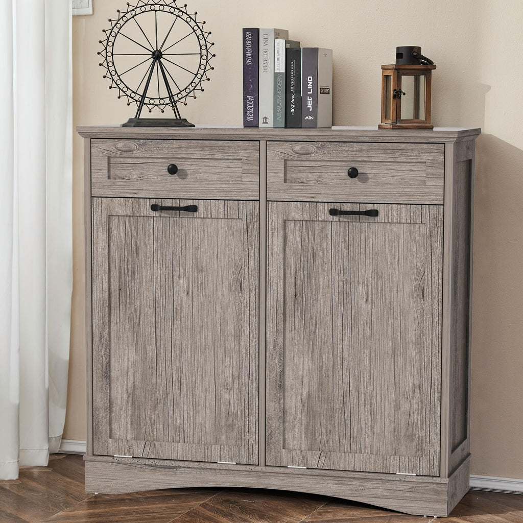 AHB Double Tilt Out Trash Can Cabinet Freestanding Kitchen Trash Can, 2x13 Gallons Hidden Garbage Recycling Cabinet with Hideaway Drawers Pet Proof Trash Can Holder for Kitchen, Antique White