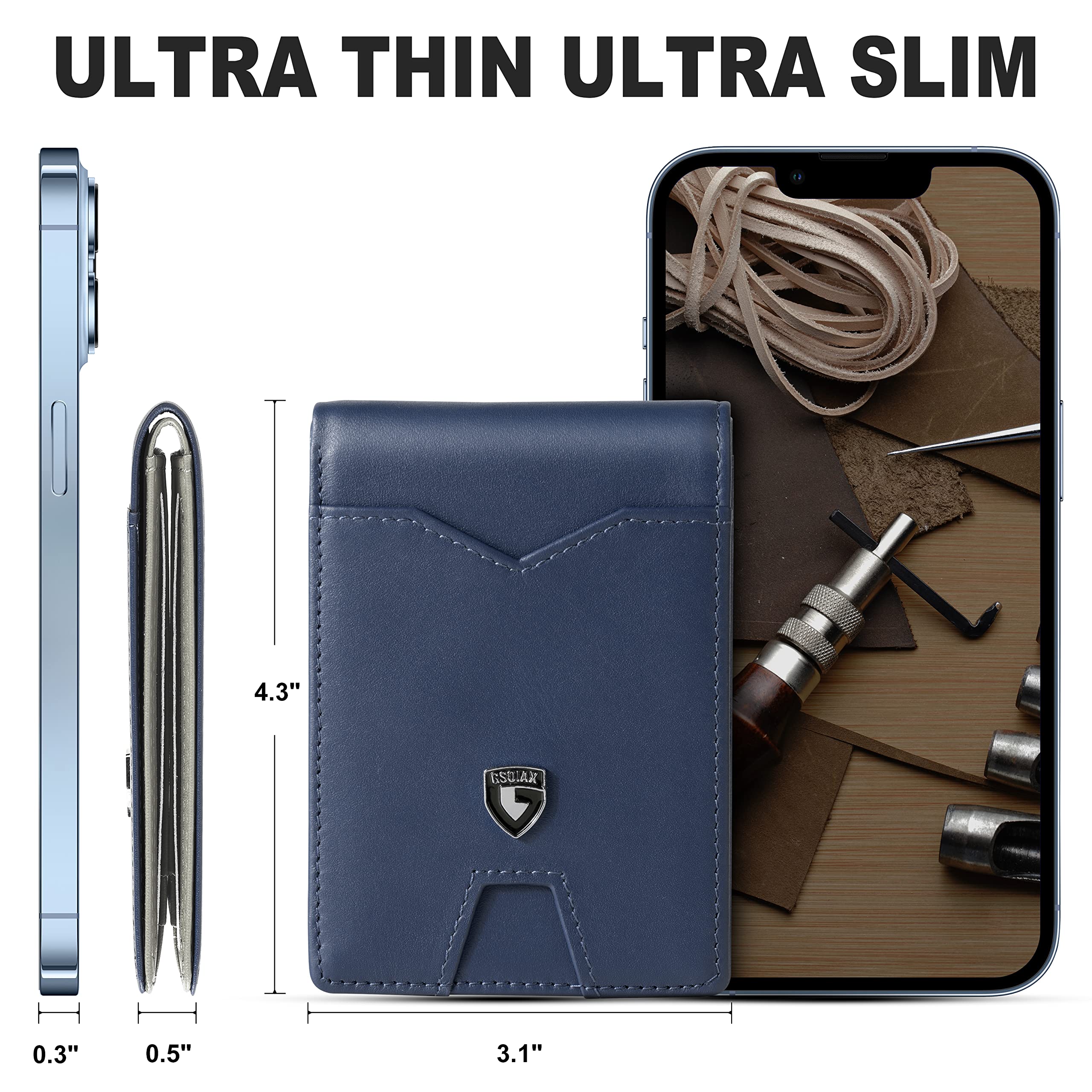 GSOIAX Slim Wallet for Men Rfid Blocking Leather Bifold Front Pocket Carbon Fiber Men's Money Clips Credit Card Holder With Gift Box