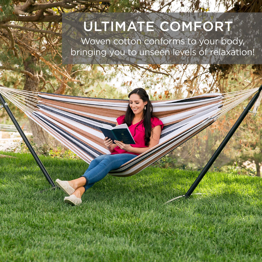 Best Choice Products Double Hammock with Steel Stand, Indoor Outdoor Brazilian-Style Cotton Bed w/Carrying Bag, 2-Person Capacity - Abyss