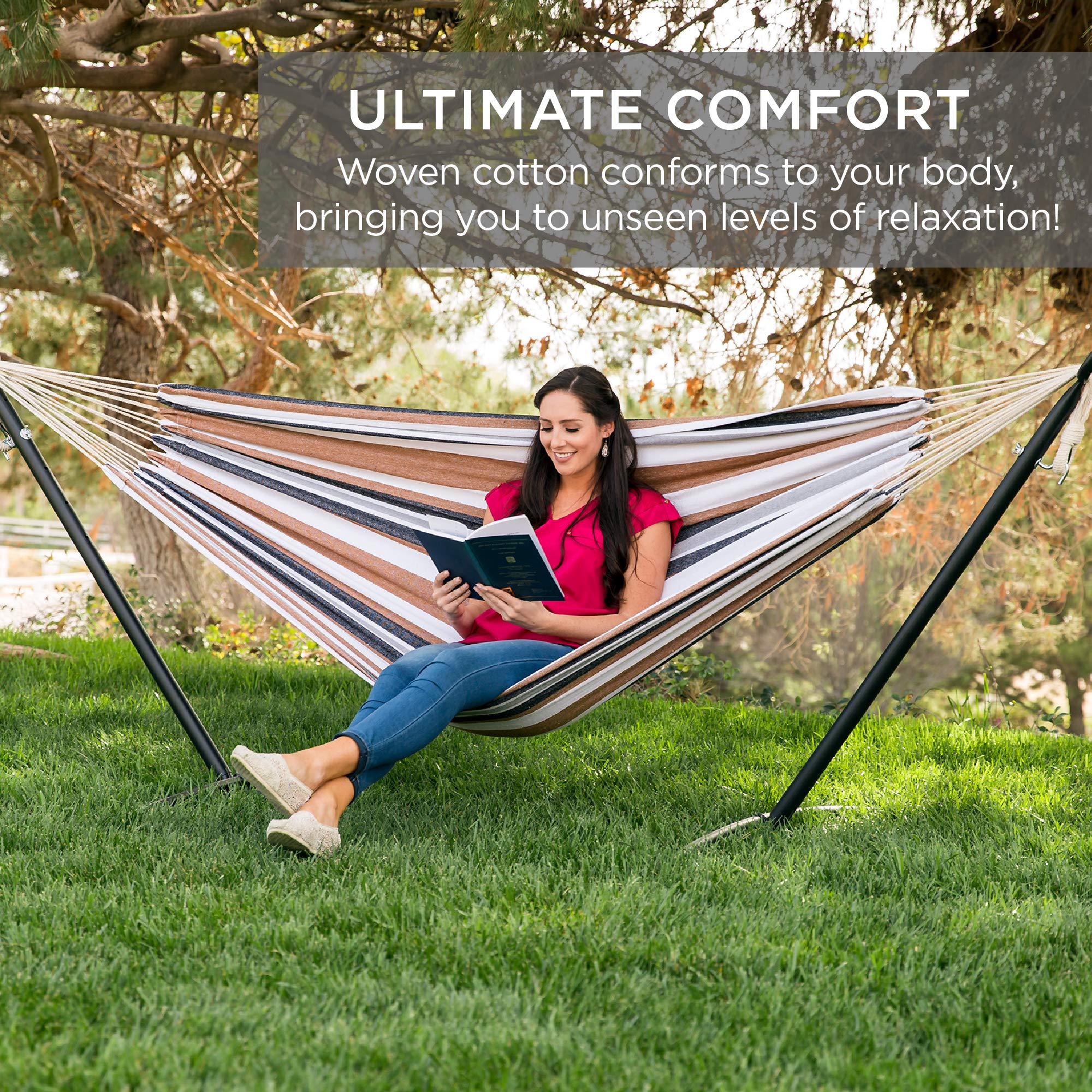 Best Choice Products Double Hammock with Steel Stand, Indoor Outdoor Brazilian-Style Cotton Bed w/Carrying Bag, 2-Person Capacity - Abyss