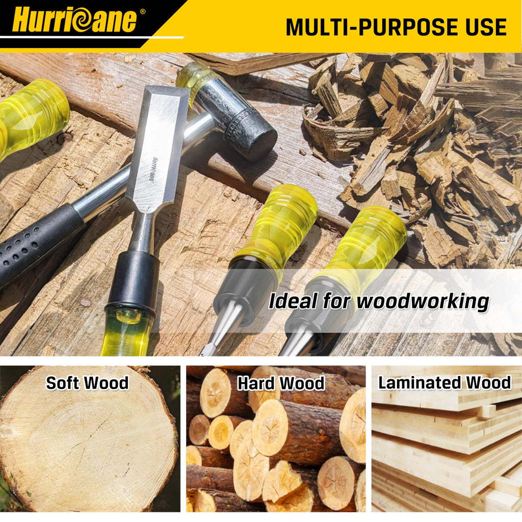 HURRICANE 4 Piece Wood Chisel Set for Woodworking. CR-V Steel Beveled Edge Blades with Safety Caps. Extra Large Grip, Impact-Resistant PVC Handle Chisels (1/4", 1/2", 3/4", 1")