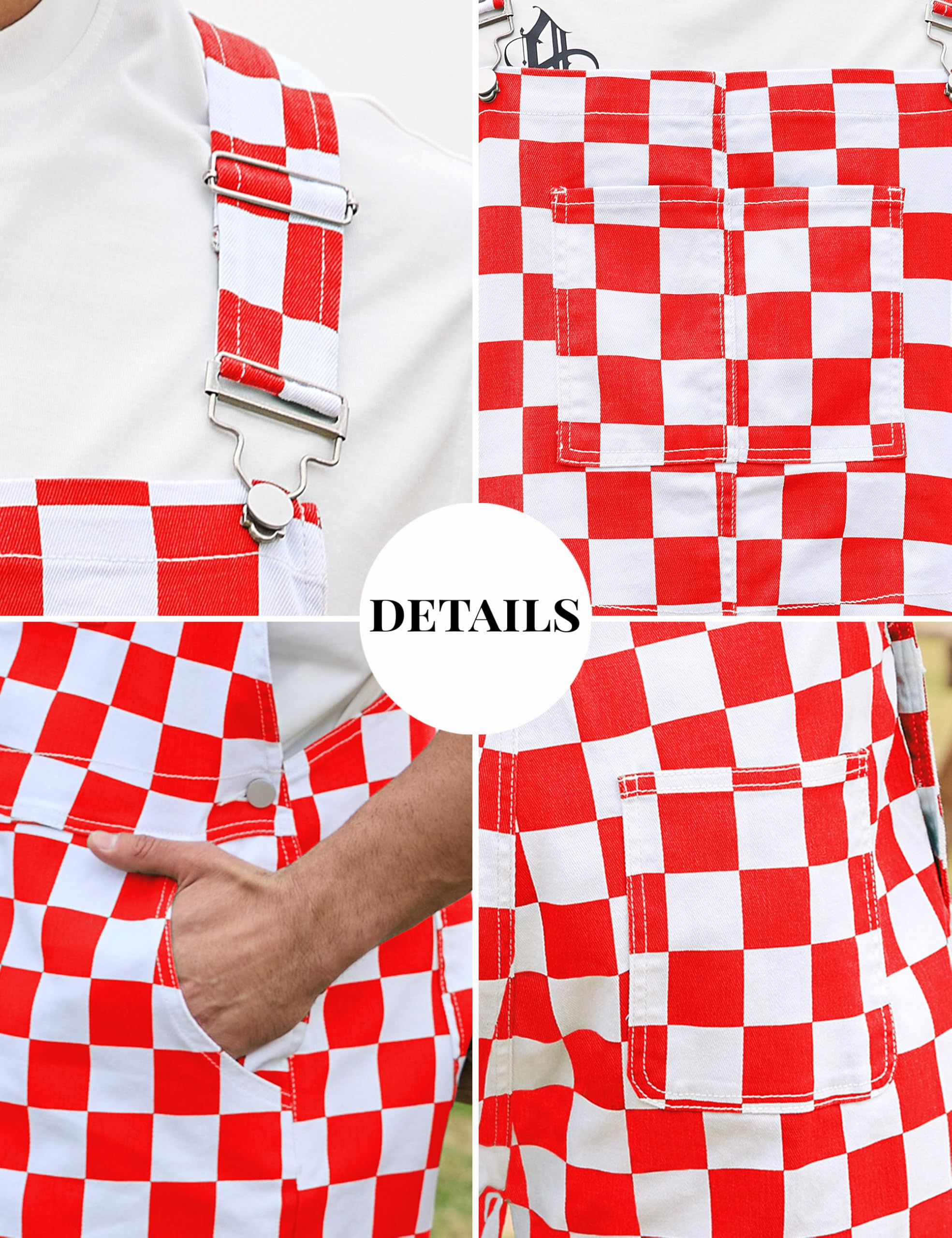Odefou Checkered Bib Overalls for Men Jumpsuit Shorts Work Coveralls