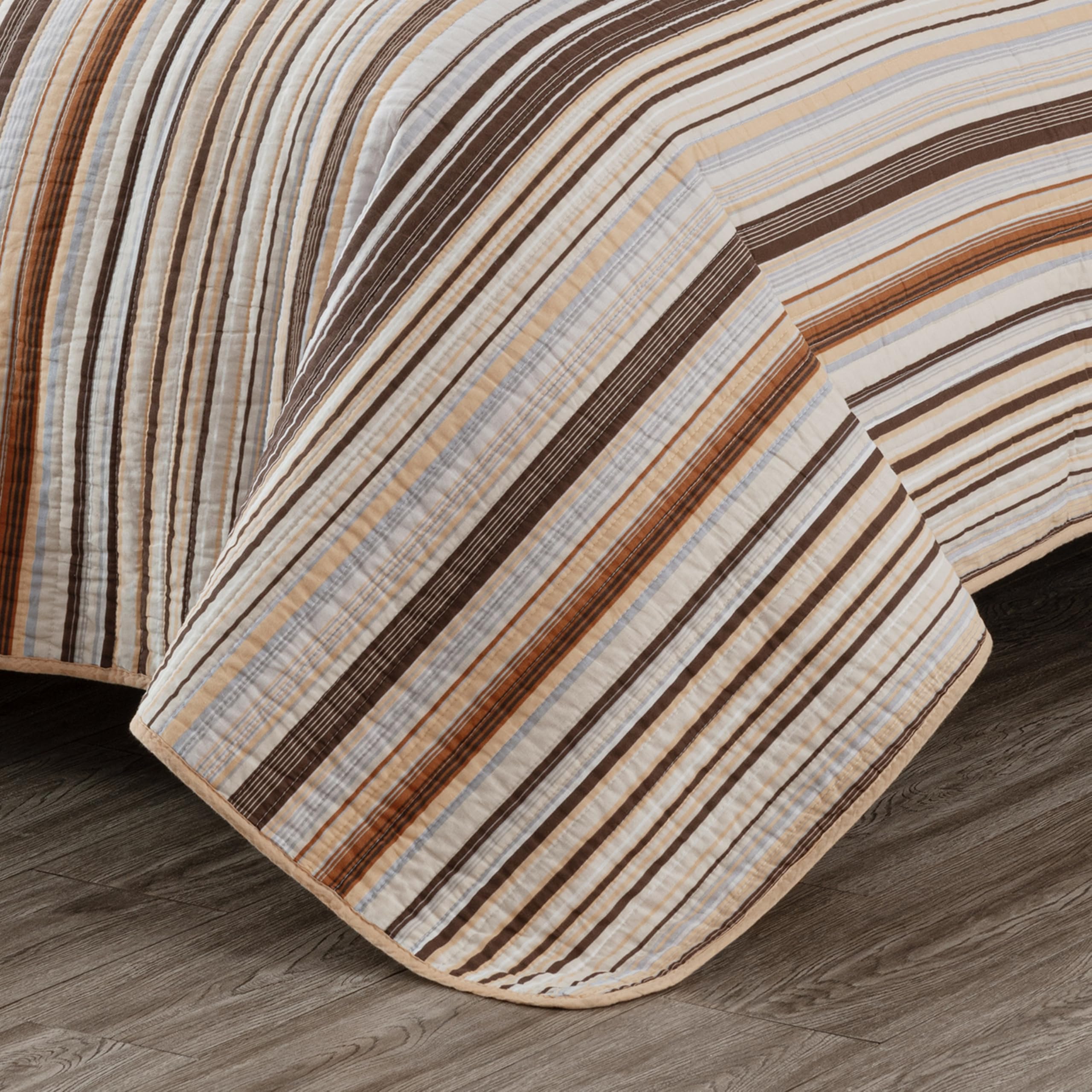 Chezmoi Collection Avery Striped Cotton Quilt Set Twin Size, 2-Piece Soft Pre-Washed 100% Cotton Quilt, Multi-Color Brown