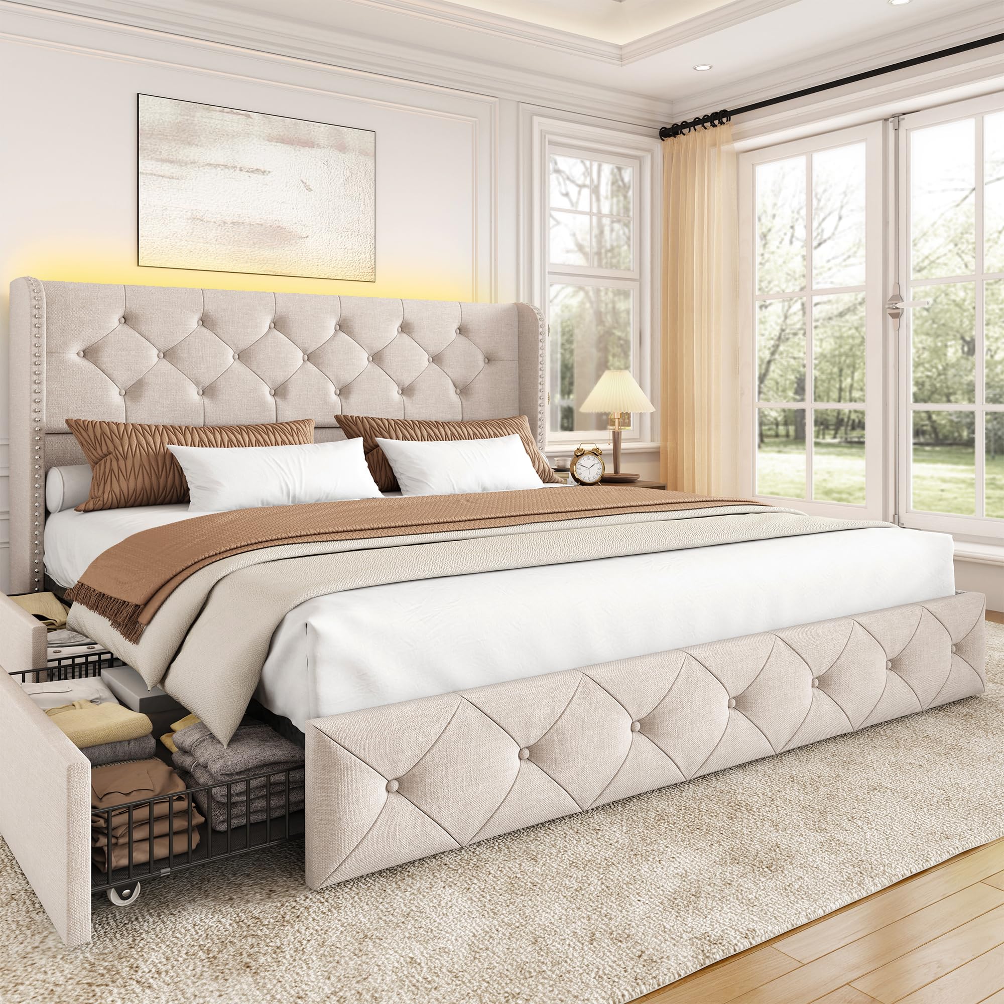 BRELTAM Full Size Bed Frame with Storage Drawers and Wingback Headboard Linen Upholstered Platform Bed Frame Tufted Beds with Heavy Duty Wood Slats, Noise Free, Easy Assembly, Beige