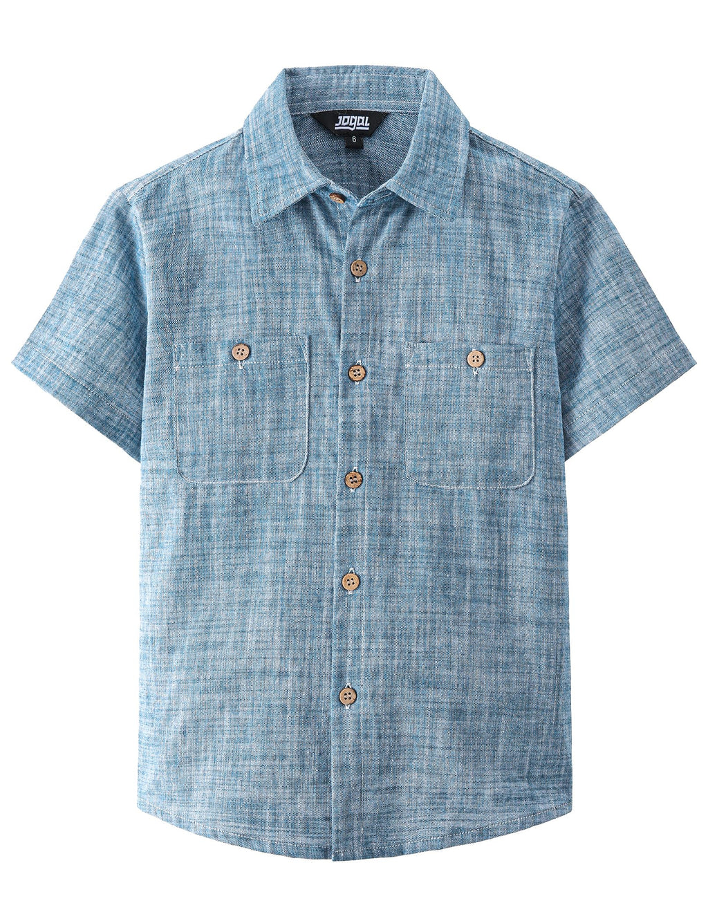 JOGAL Boys Chambray Shirts Short Sleeve Button Down Casual Cotton Woven Shirt with Two Pockets for Kids 6-14 Years