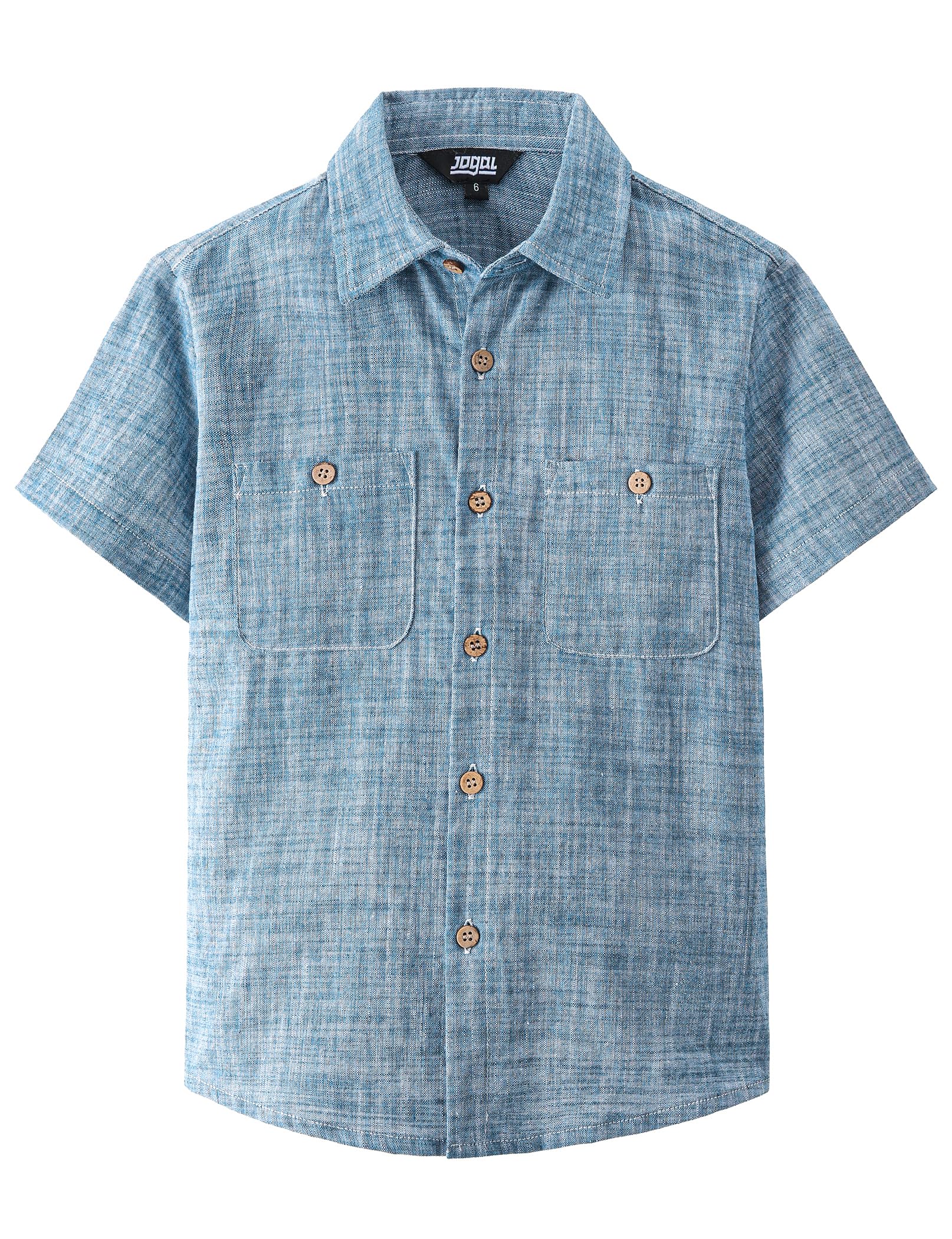 JOGAL Boys Chambray Shirts Short Sleeve Button Down Casual Cotton Woven Shirt with Two Pockets for Kids 6-14 Years