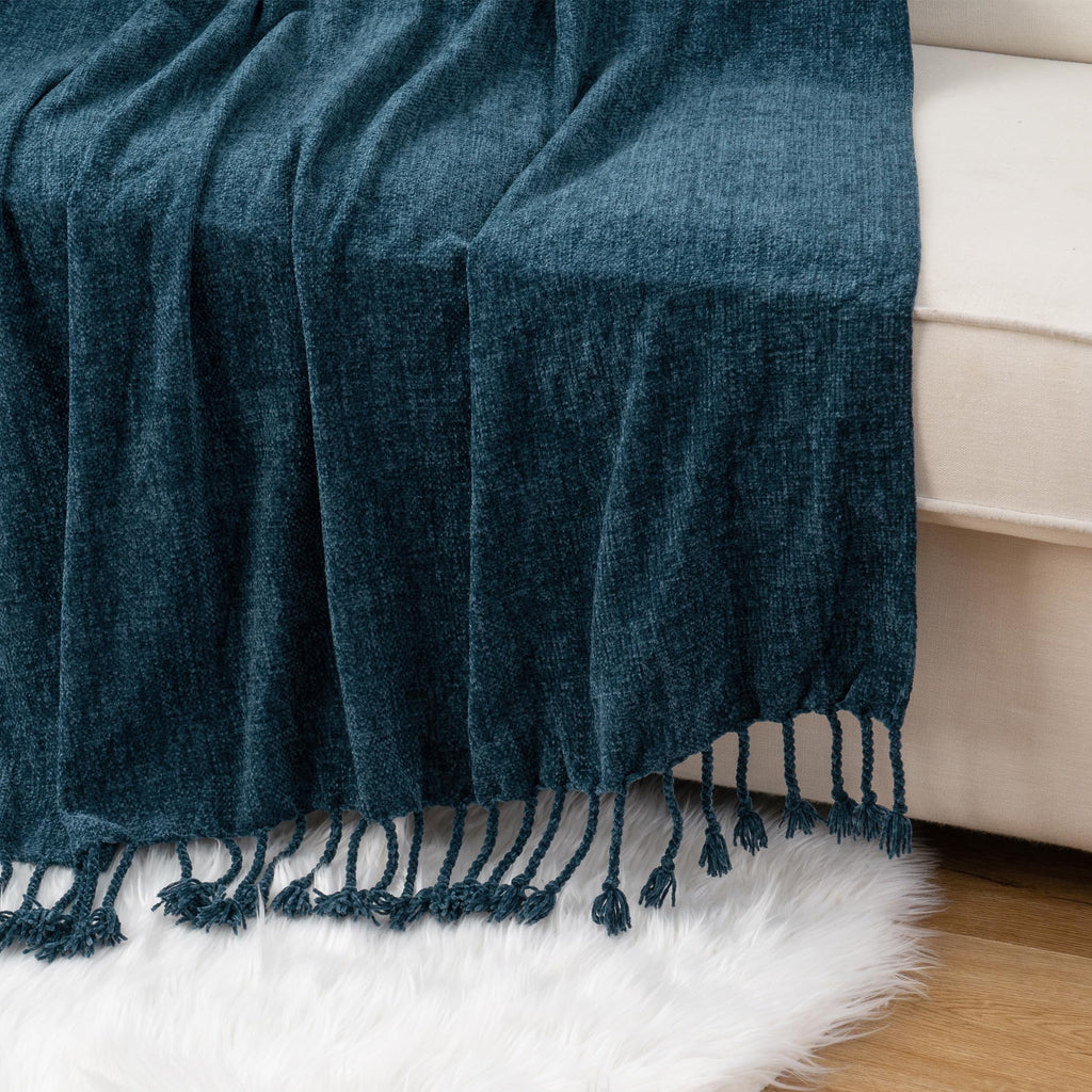 BATTILO HOME Beige Chenille Throw Blanket for Couch, Soft Cozy Textured Knit Throw Blanket with Handmade Fringe Tassels, Lightweight Decorative Farmhouse Blanket for Sofa Bed Chair, 50"x60"