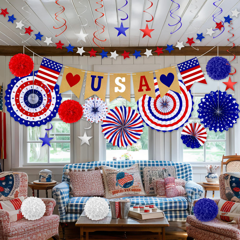 26 PCS 4th of July Decorations, 250th Memorial Day Red White Blue Paper Fans Decorations, 4th of July Banner Pompom Garland and Hanging Swirls Set for Fourth of July Independence Day Decor