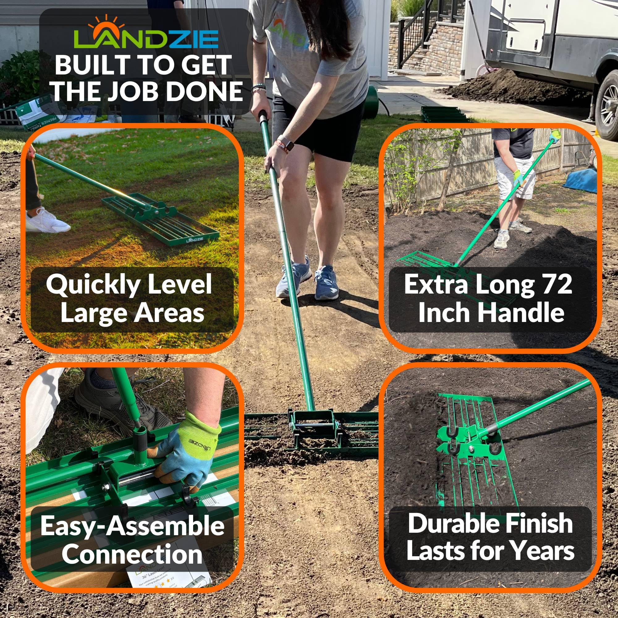 LANDZIE - The Original Lawn Leveling Rake – 24" Steel Handle Yard Leveler, Lawn Level Tool for Creating a Flat Surface - Works for Soil, Dirt, Topdressing, and Ground