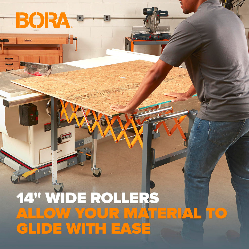 Bora Adjustable Conveyor Rollers Stand Expandable 14 to 50 Inch Table Saw Outfeed Roller for Woodworking 300 lbs Capacity Locking Casters PM-2700