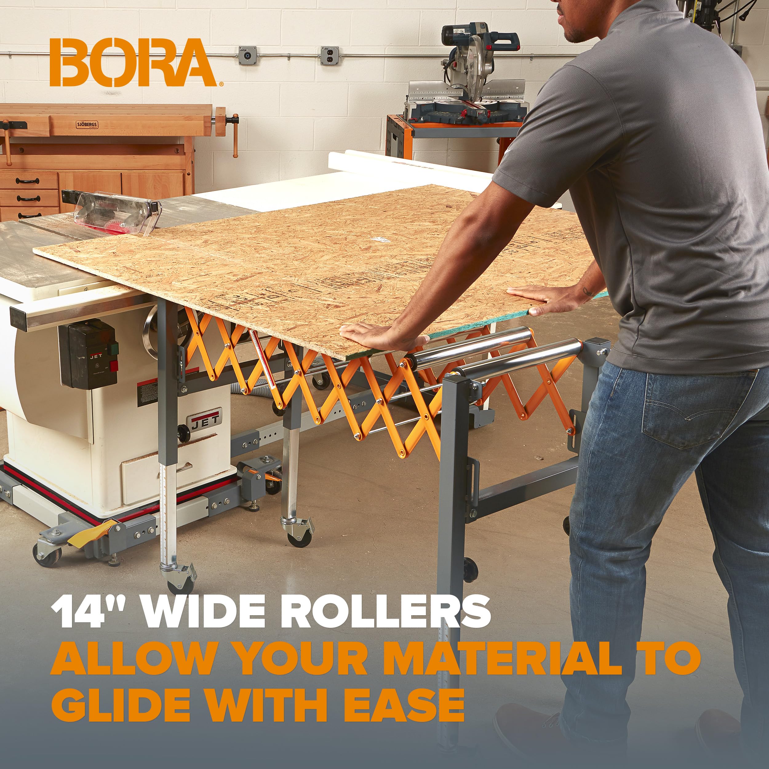Bora Adjustable Conveyor Rollers Stand Expandable 14 to 50 Inch Table Saw Outfeed Roller for Woodworking 300 lbs Capacity Locking Casters PM-2700