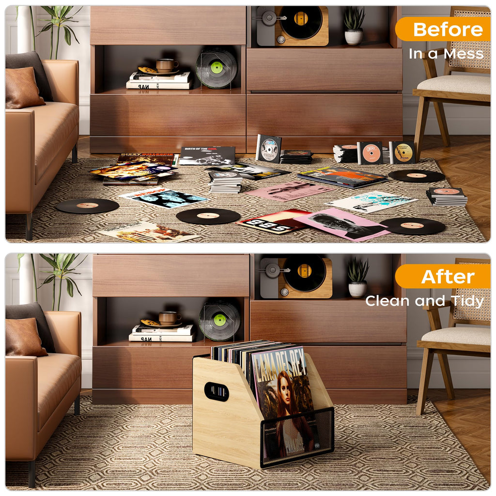 Homeiju Vinyl Record Storage, Record Box Case Crate, Vinyl Record Album Holder, Desktop Metal & Wooden LP Record Crate, Holds up to 60 Records（Patent No.D1024563