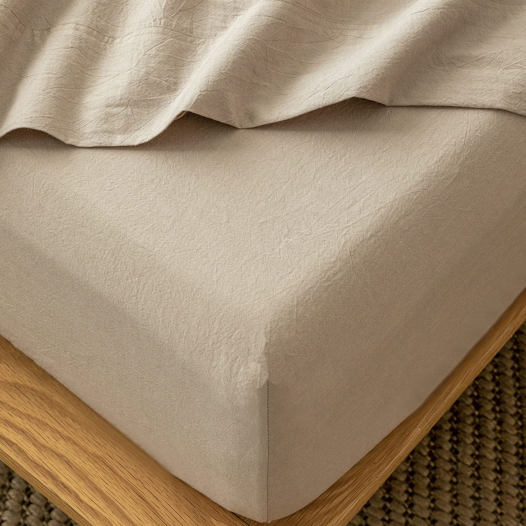 MooMee Fitted Bottom Sheet Only 100% Washed Cotton Linen Like Textured Breathable Durable Soft Comfy Deep Pocket Fits Mattress up to 17" (Almond Milk Grey, Twin)