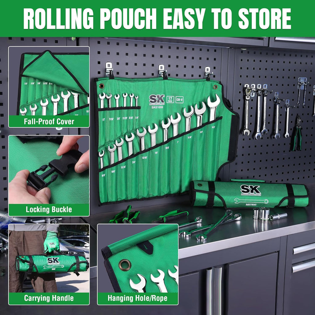 SK Combination Wrench Set, SAE 1/4" to 1-1/4", Metric 6 to 32mm, 42-Piece, SuperKrome Finish, Premium CR-V Construction, with Rolling Pouch