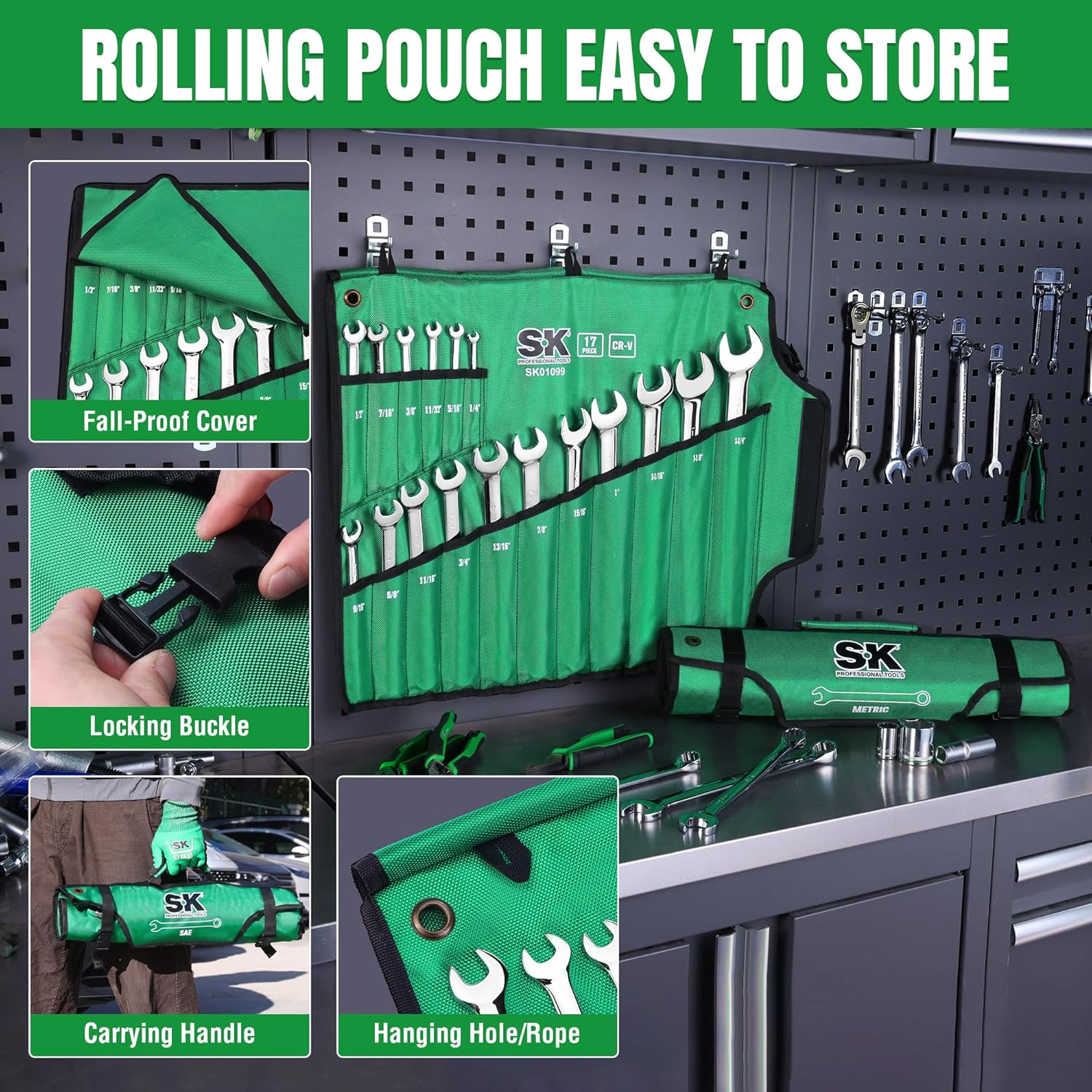 SK Combination Wrench Set, SAE 1/4" to 1-1/4", Metric 6 to 32mm, 42-Piece, SuperKrome Finish, Premium CR-V Construction, with Rolling Pouch