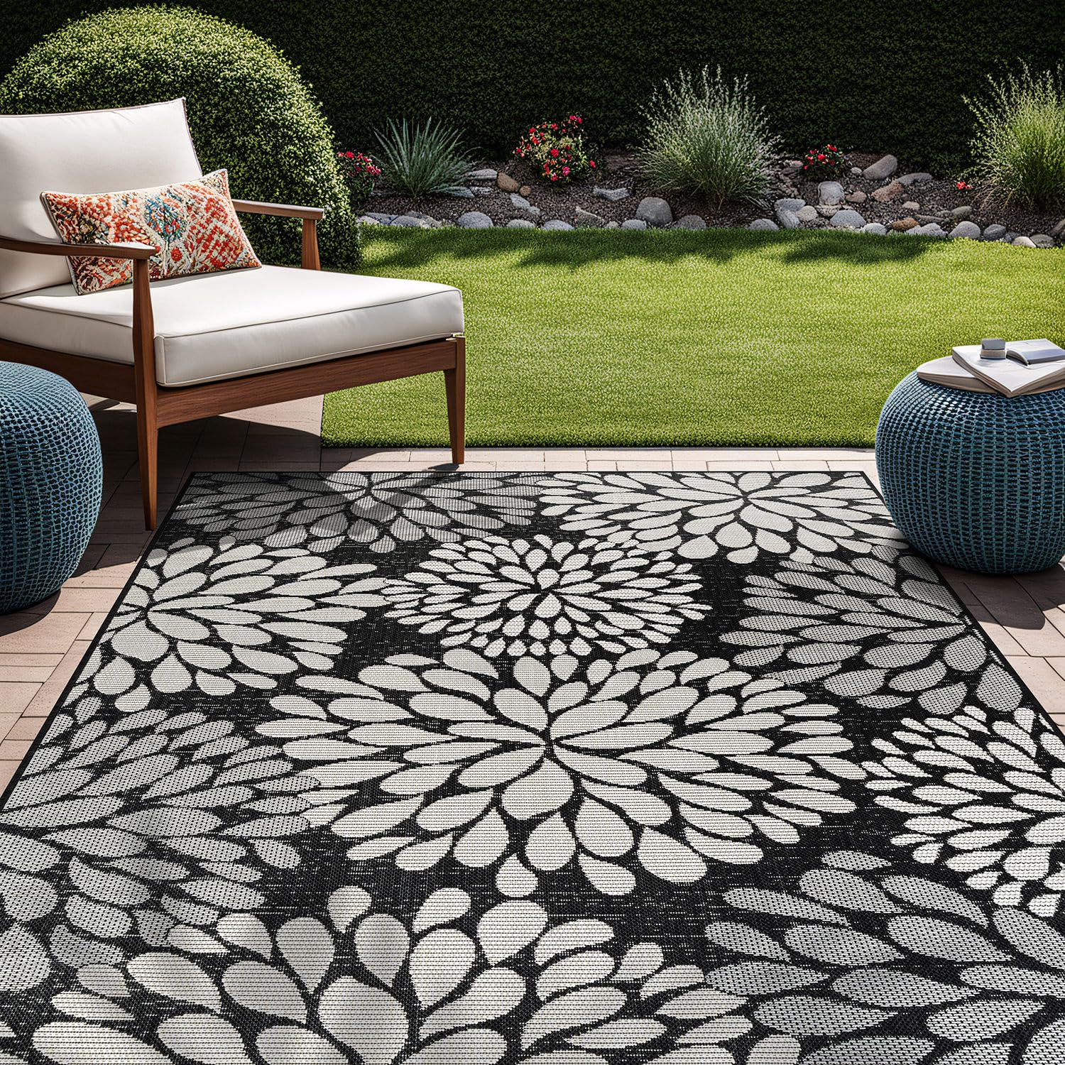 Beverly Rug Outdoor Rug 5x7 Modern Bordered Area Rugs for Indoor and Outdoor Patio Deck Porch Garden Waterproof Weather Sun Resistant Washable Outside Carpet (5 x 7 Beige)