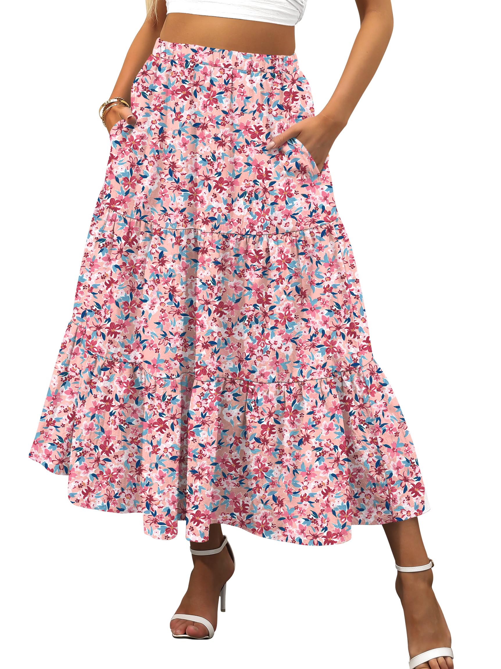 ANRABESS Women’s Summer Boho Flowy Swing Tiered A-Line Maxi Skirt 2026 Fashion Trendy Elastic Waist Pleated Long Beach Dress