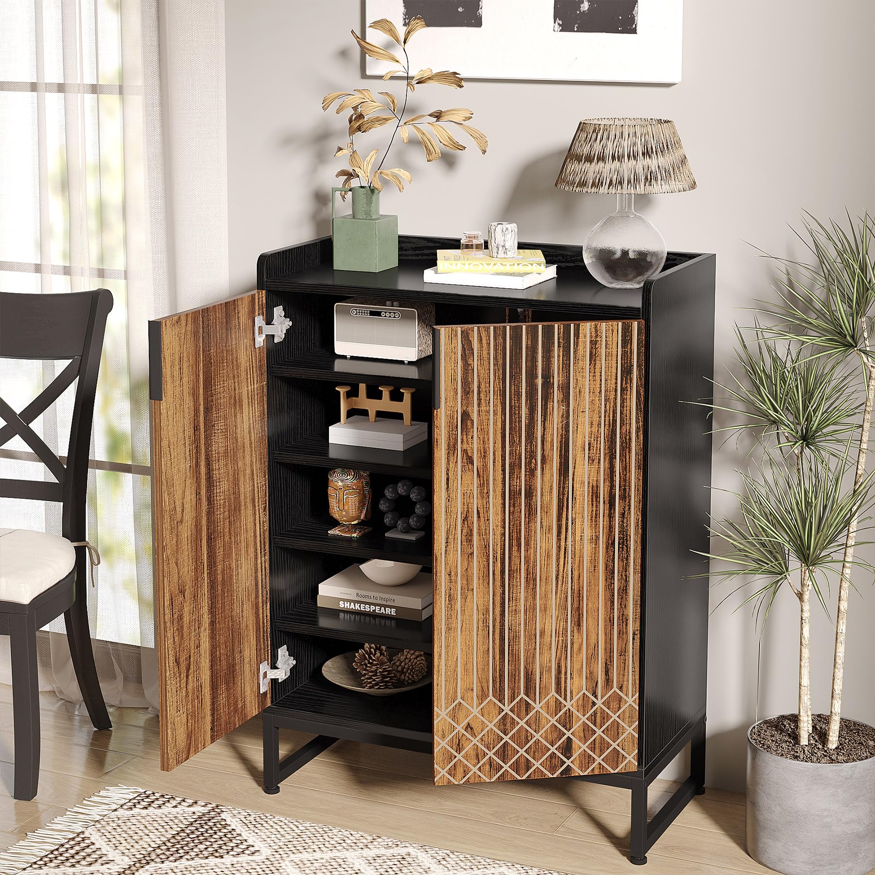 Tribesigns Modern Shoe Cabinet for Entryway, 25 Pairs Shoe Cabinet with Doors, Wood 5-Tier Shoe Organizer, Freestanding Brown Shoe Storage Cabinets with Black Metal Frame for Bedroom Living Room