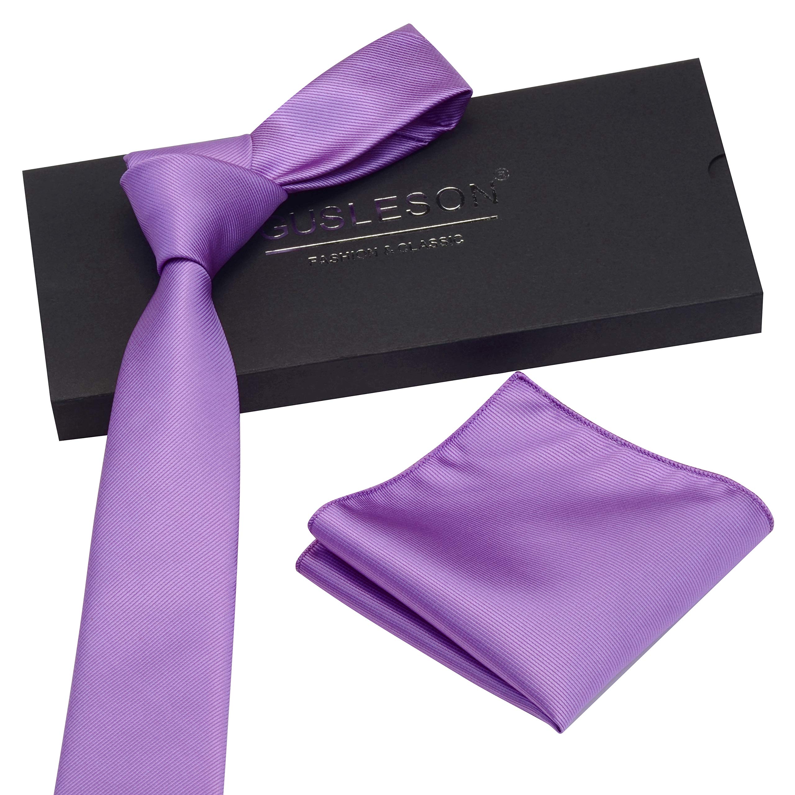 GUSLESON 2.4" Slim Necktie and Handkerchief Set For Men Solid Skinny Tie Set
