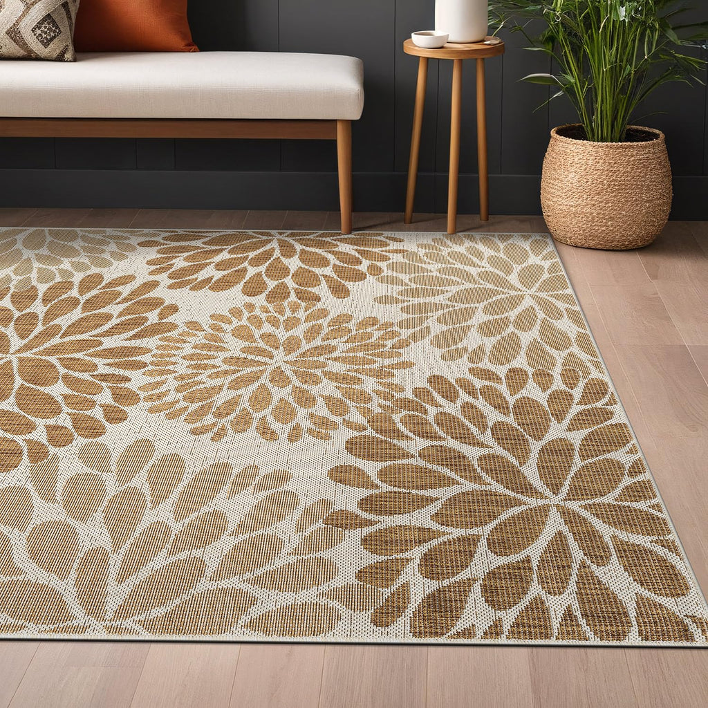 Beverly Rug Outdoor Rug 5x7 Modern Bordered Area Rugs for Indoor and Outdoor Patio Deck Porch Garden Waterproof Weather Sun Resistant Washable Outside Carpet (5 x 7 Beige)