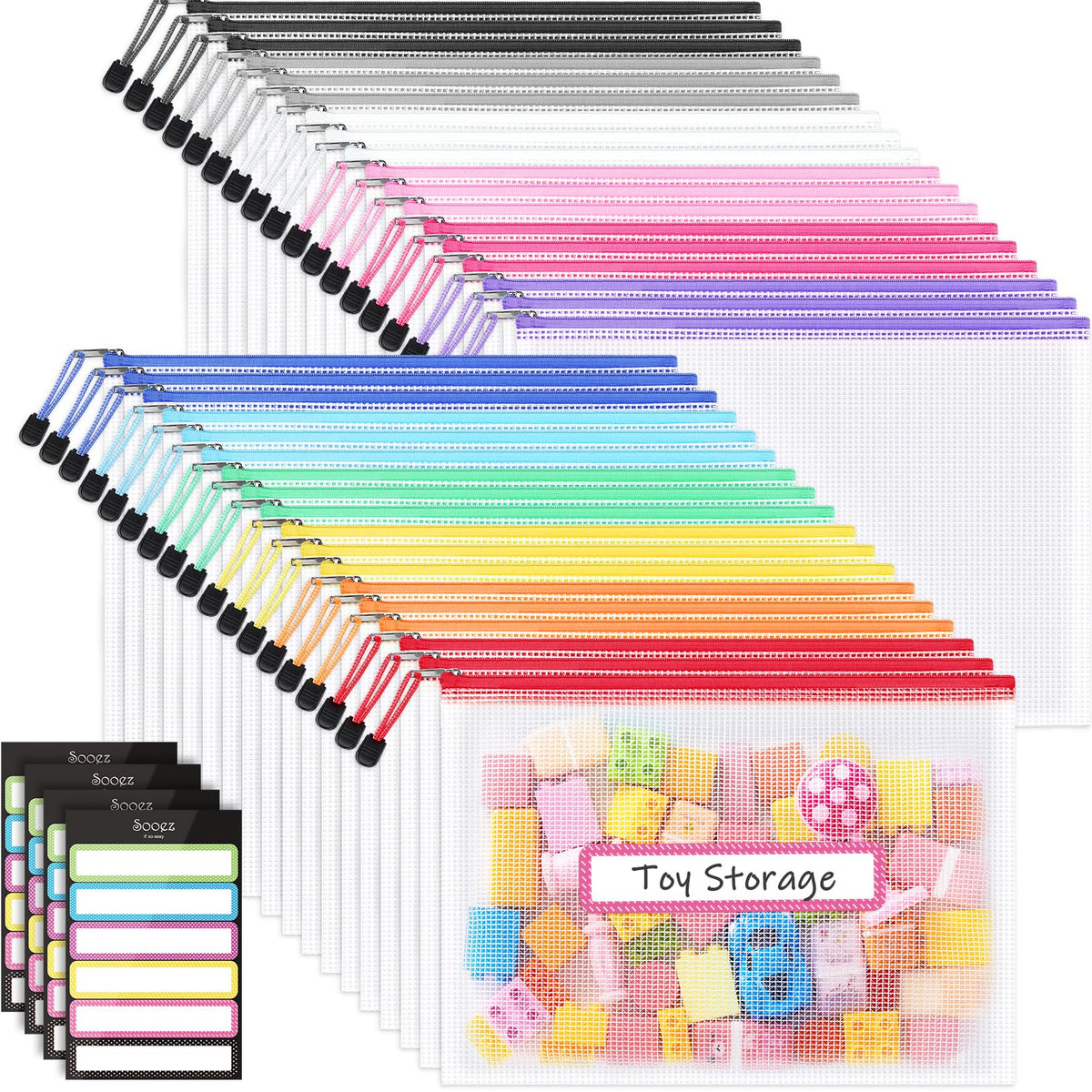Sooez 24 Pack Mesh Zipper Pouch with Sticky Labels, A4 Mesh Bags, Sturdy Letter Size File Folders Organizer, Office School Classroom Supplies, Toy Storage Bag Board Game Puzzles Organization, Black