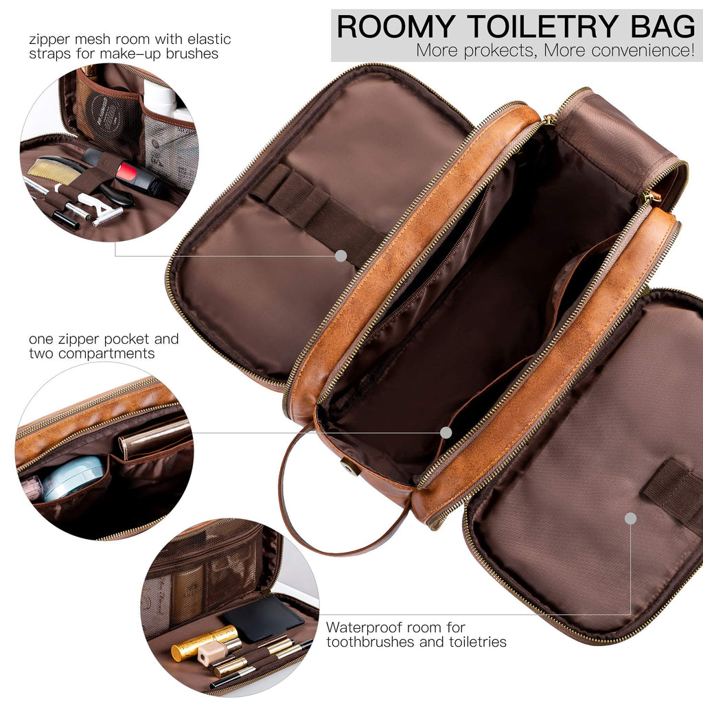Elviros Travel Toiletry Bag for Men, Shaving Dopp Kit Water-resistant Bathroom Small Toiletries Organizer PU Leather Cosmetic Bags