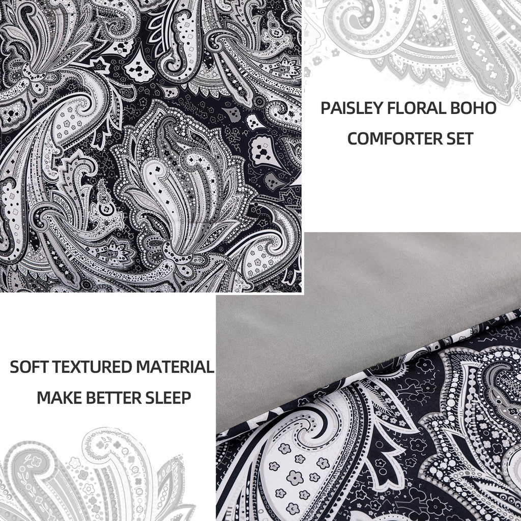 DJY Black Paisley Comforter Set Full Size 7 Piece Bed in a Bag Black and Grey Boho Paisley Pattern Comforter Set Soft Lightweight Microfiber Reversible Bedding Set for All Season