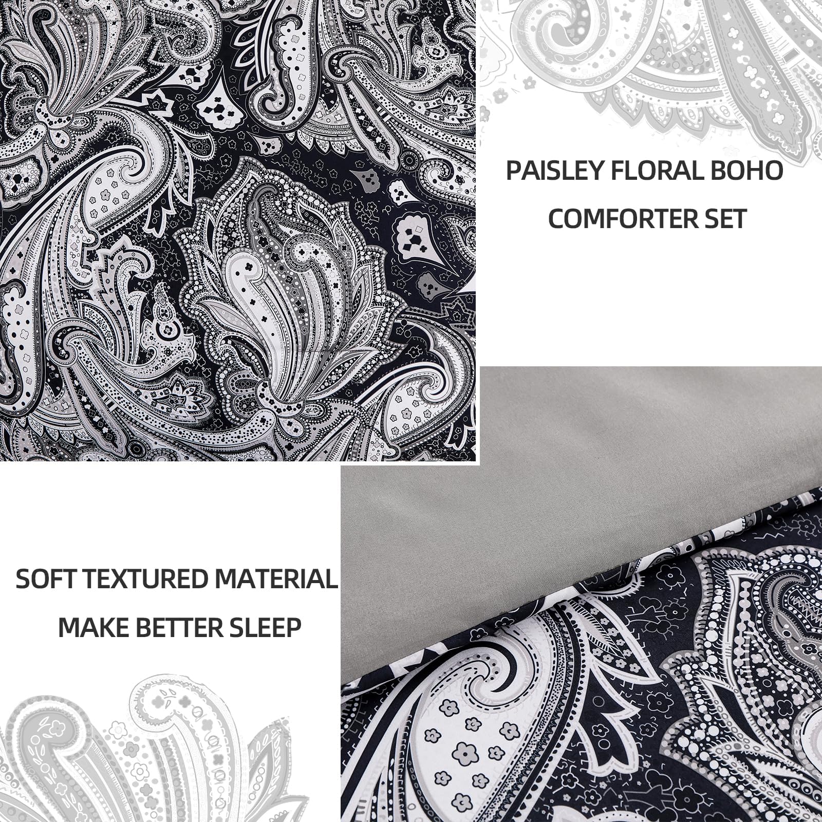 DJY Black Paisley Comforter Set Full Size 7 Piece Bed in a Bag Black and Grey Boho Paisley Pattern Comforter Set Soft Lightweight Microfiber Reversible Bedding Set for All Season