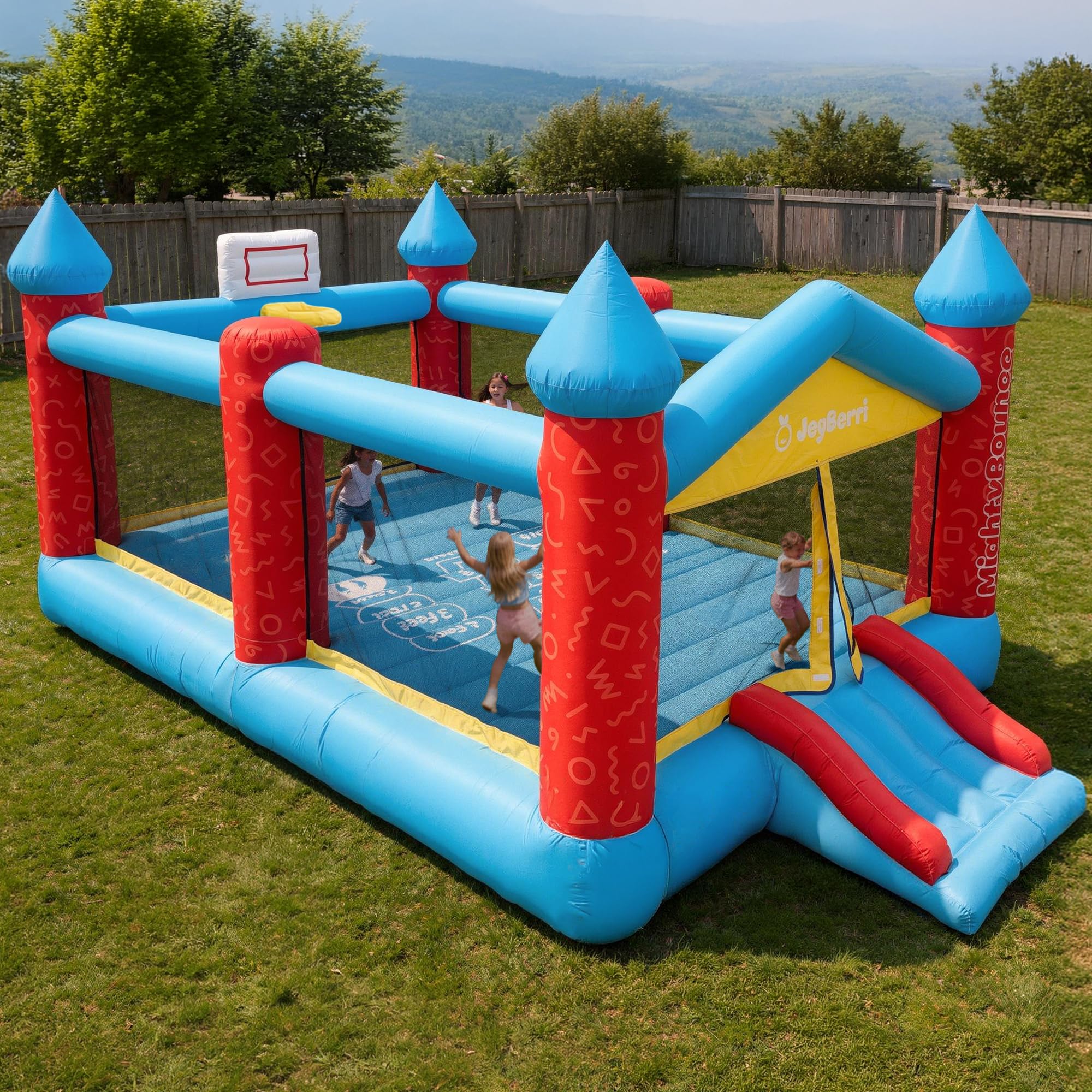 JoyBerri Mighty Bounce House with Blower -16.8' x8.9' Ft Extra Large Inflatable Bouncy Castle with Slide, Volleyball Net, Basketball Hoop — Kids Bounce House for Big Kids 5-12, Outdoor -ASTM Certified