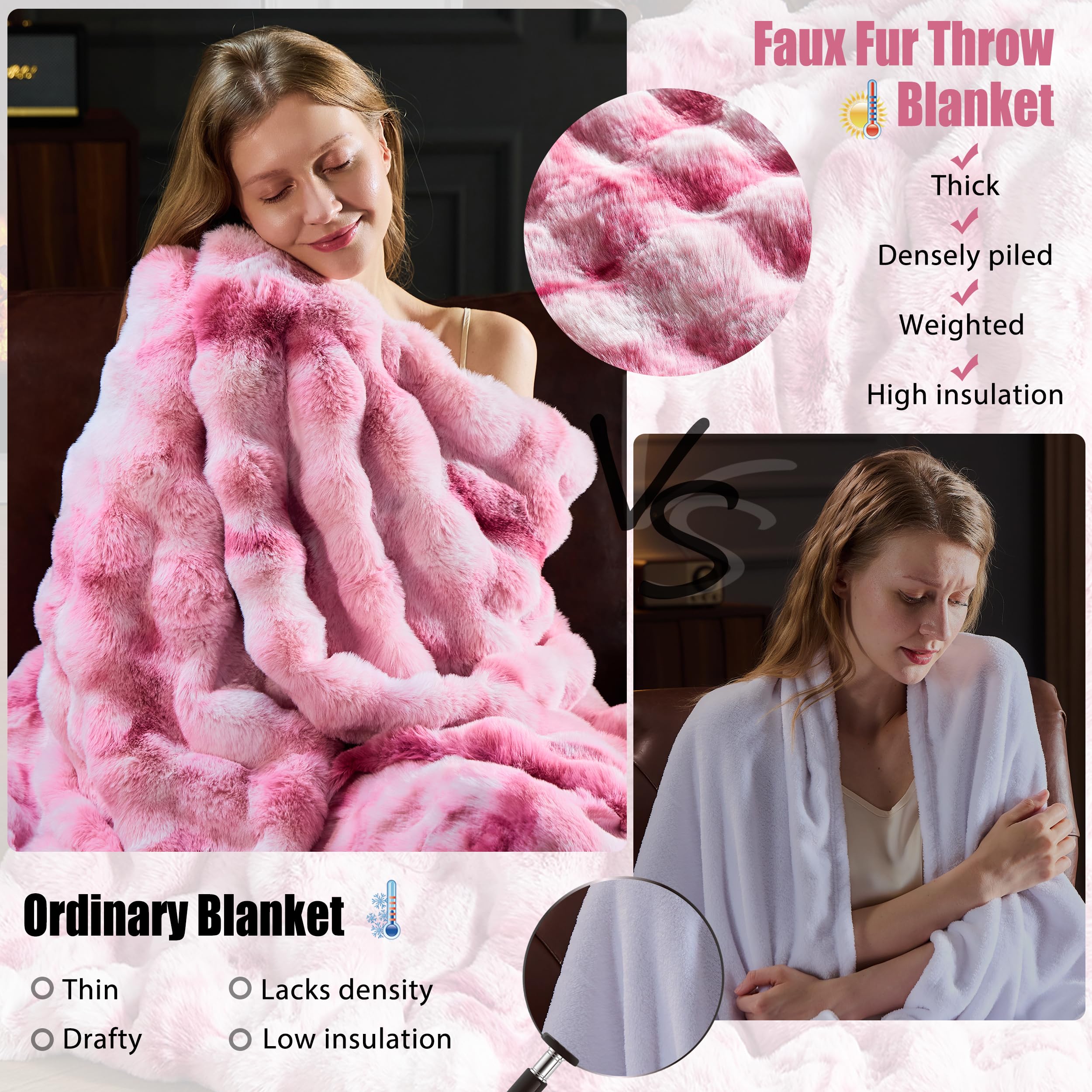 Faux Fur Throw Blanket for Couch, Fluffy Fuzzy Plush Bubble Blanket, Soft Warm Cozy Shaggy Rabbit Blanket, Luxury Decorative Gifts for Sofa Bedroom Living Room, 60x50inch (Beige)