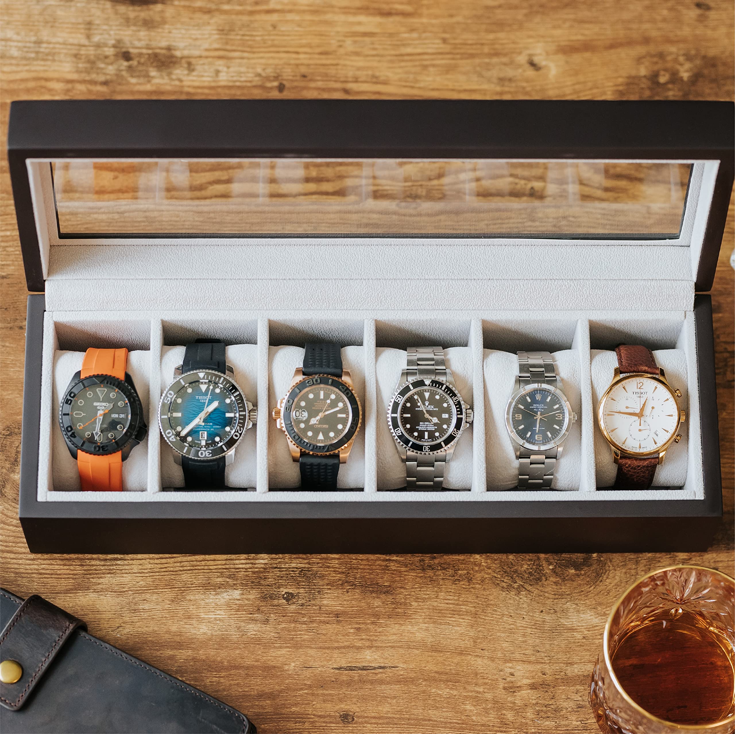 CASE ELEGANCE 6-Slot Solid Wood Watch Box for Men — Real Glass Display Top, Magnetic Closure & Pillow Stands | Watch Organizer Display Case | Gift for Him | Espresso