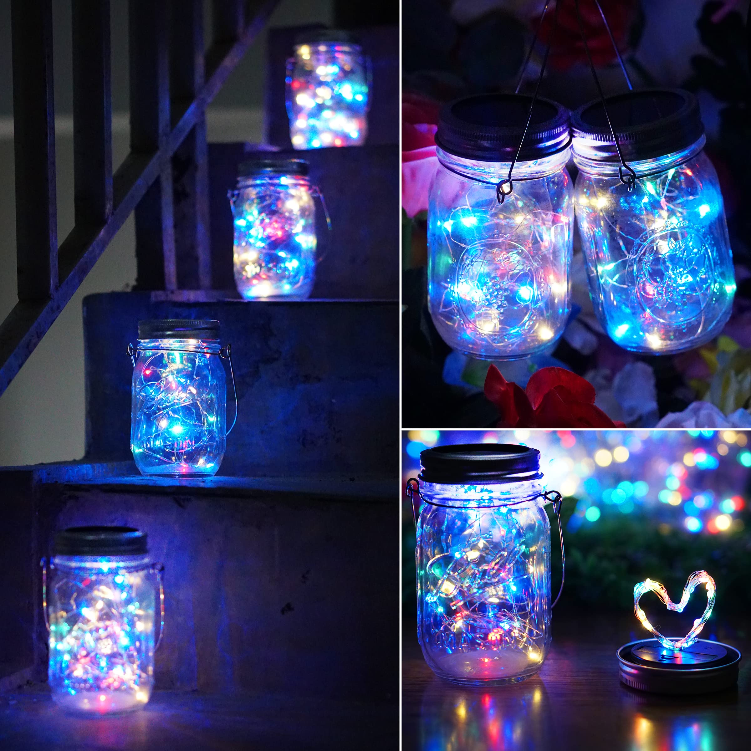 SunKite Solar Mason Jar Lights [Updated], 8 Pack 20 LED Waterproof Fairy Firefly Jar Lids String Lights with Hangers(NO Jars), Patio Yard Garden Wedding Decoration - Colorful