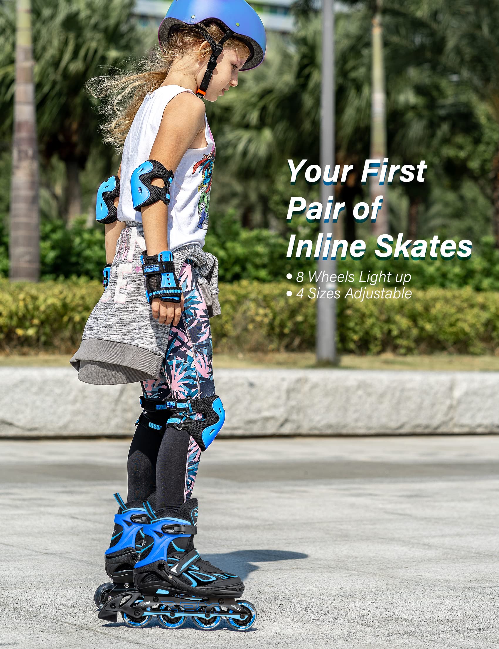 2PM SPORTS Vinal Girls Adjustable Flashing Inline Skates, All Wheels Light Up, Fun Illuminating Skates for Kids Men Adult Women and Boys