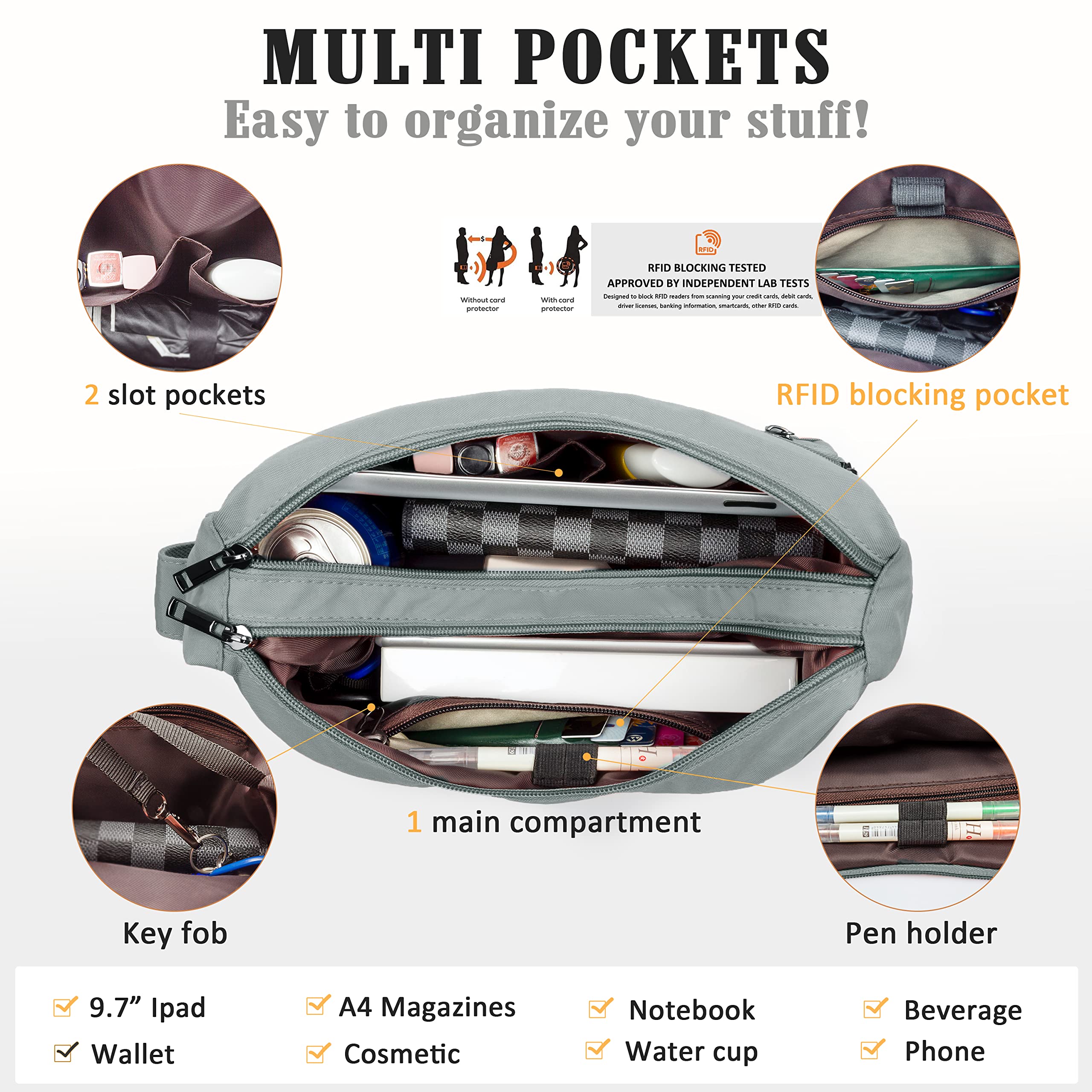 VOLGANIK ROCK RFID Purses for Women Fabric Nylon Multi Pocket Crossbody Bag Ladies Travel Handbag