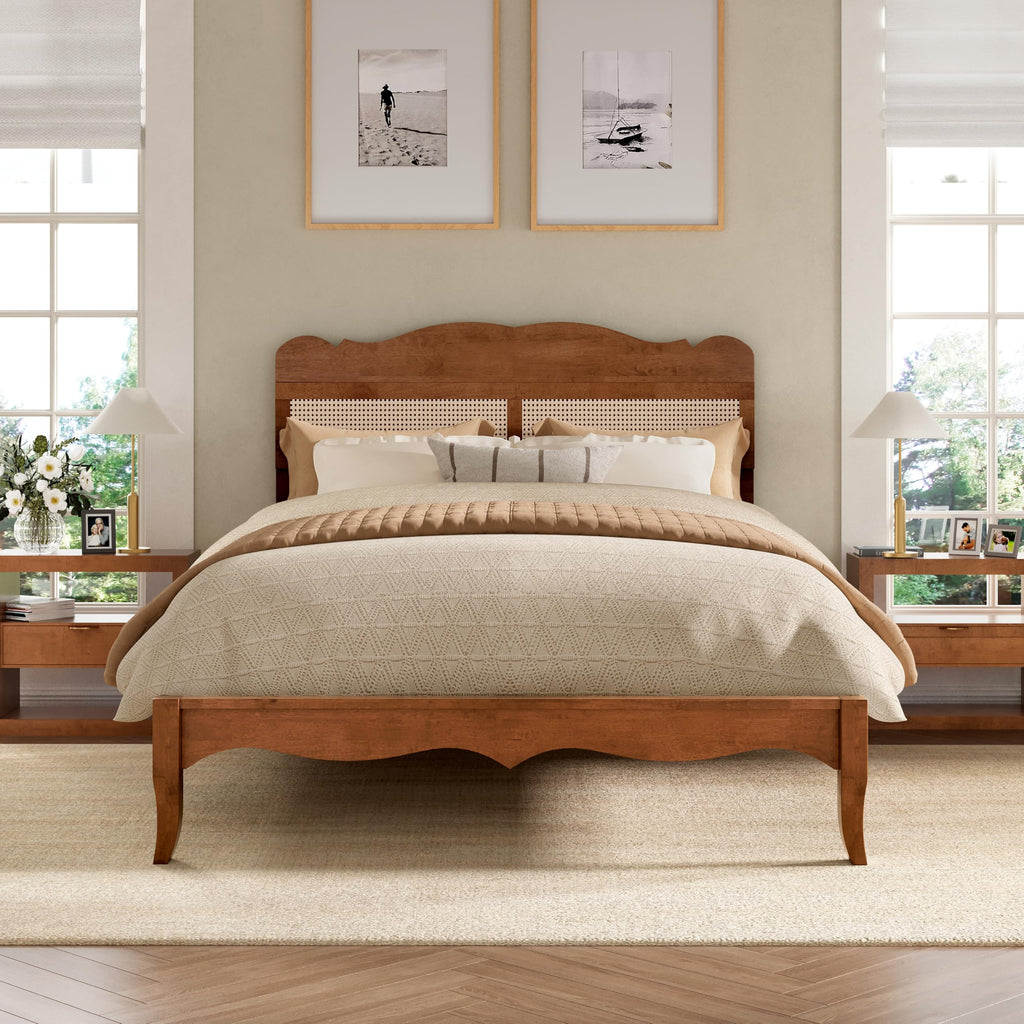 PHI VILLA Full Rattan Bed Frame with Headboard, Mid Century Modern Wooden Bed Frames, No Box Spring Needed, Brown