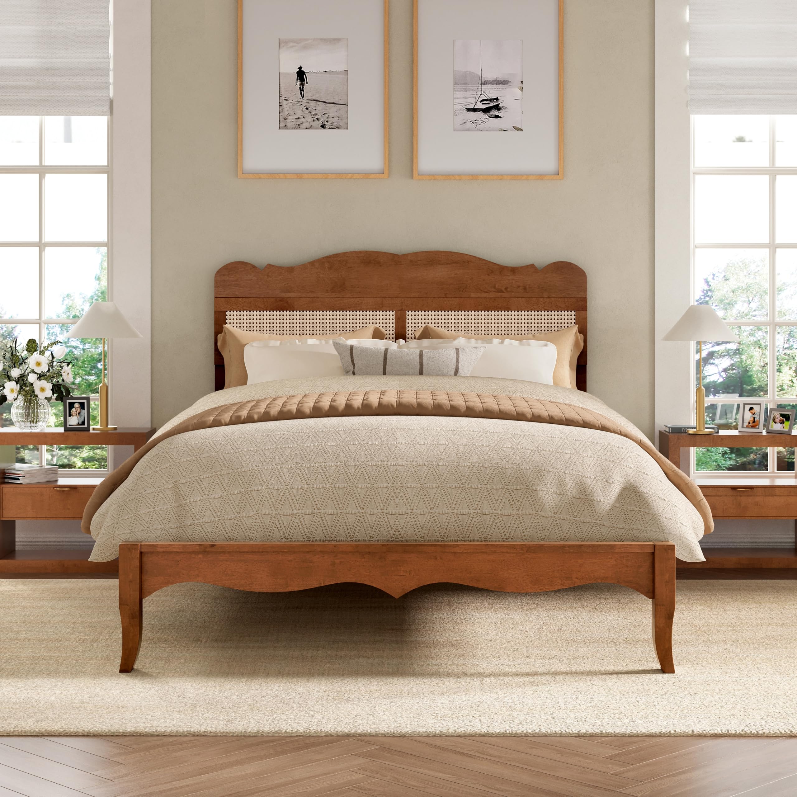PHI VILLA Full Rattan Bed Frame with Headboard, Mid Century Modern Wooden Bed Frames, No Box Spring Needed, Brown