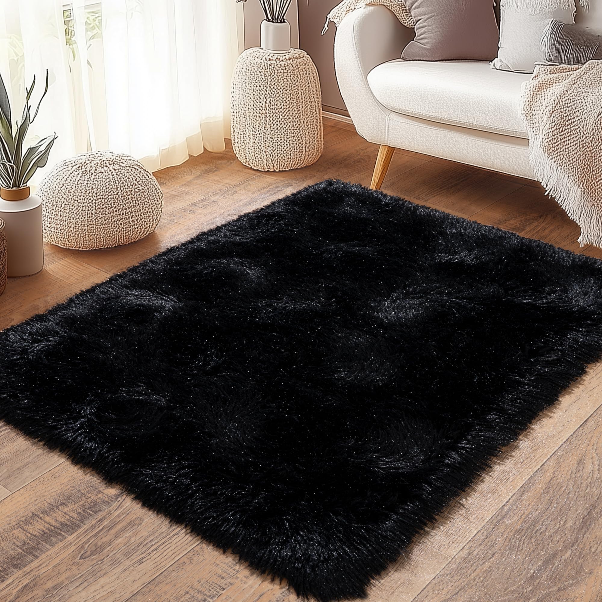 Beige Fluffy Rug for Bedroom 4x6ft - Ultra Soft & Non Slip Shaggy Area Rug, Comfy Durable Carpet for Living Room Kids Room Teens Dorm Home Decor, 1.7'' Thick Indoor Plush Carpets