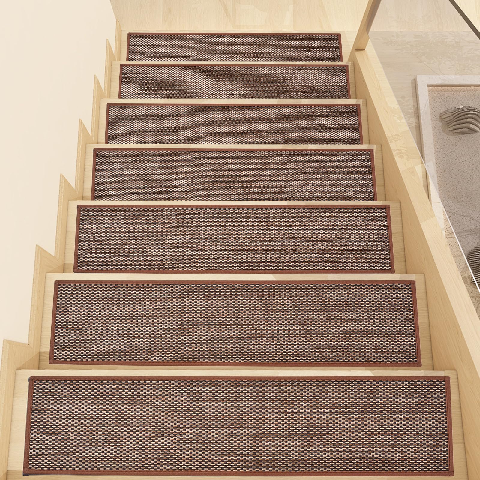 Non Slip Stair Treads for Wooden Steps, Square Rubber Backing Non Slip Stair Landing Mat, Thicken Linen Carpet Stair Runners Indoor, No Residue Stair Carpet Treads, 29"x29", Beige