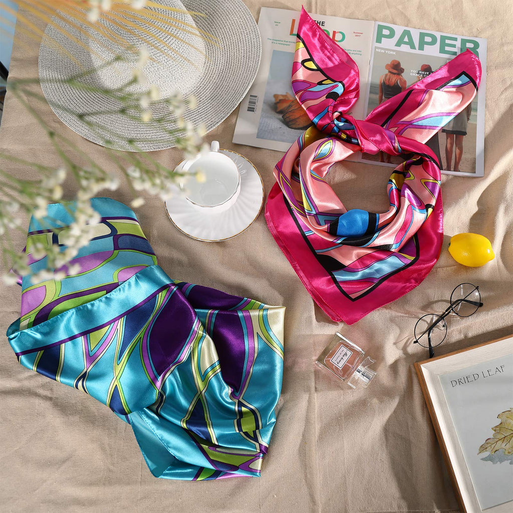 AWAYTR 35” Large Satin Square Head Scarf - 2Pcs Silk Like Floral Head Scarves Square Satin Hair Scarf Bandanas for Women
