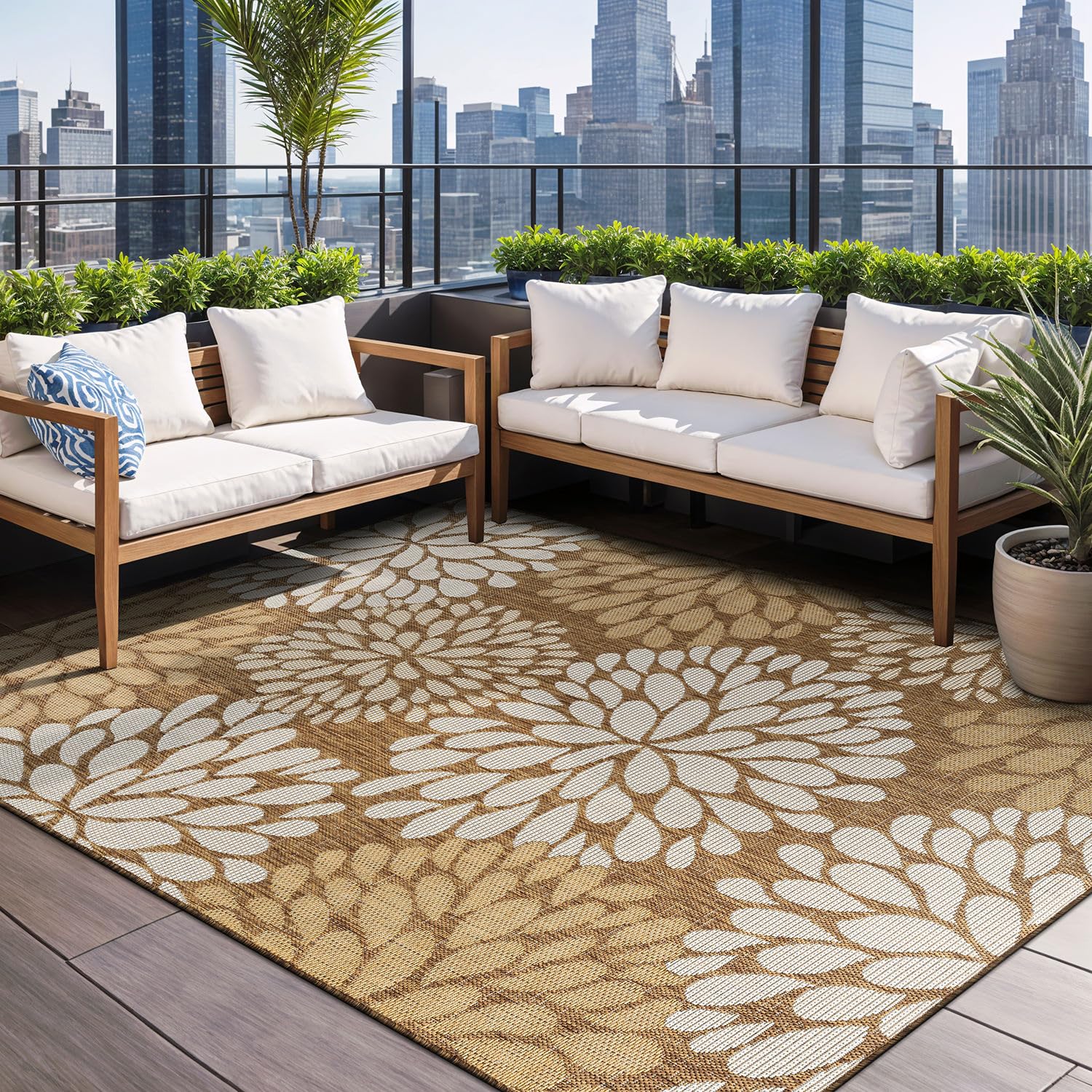 Beverly Rug Outdoor Rug 5x7 Modern Bordered Area Rugs for Indoor and Outdoor Patio Deck Porch Garden Waterproof Weather Sun Resistant Washable Outside Carpet (5 x 7 Beige)