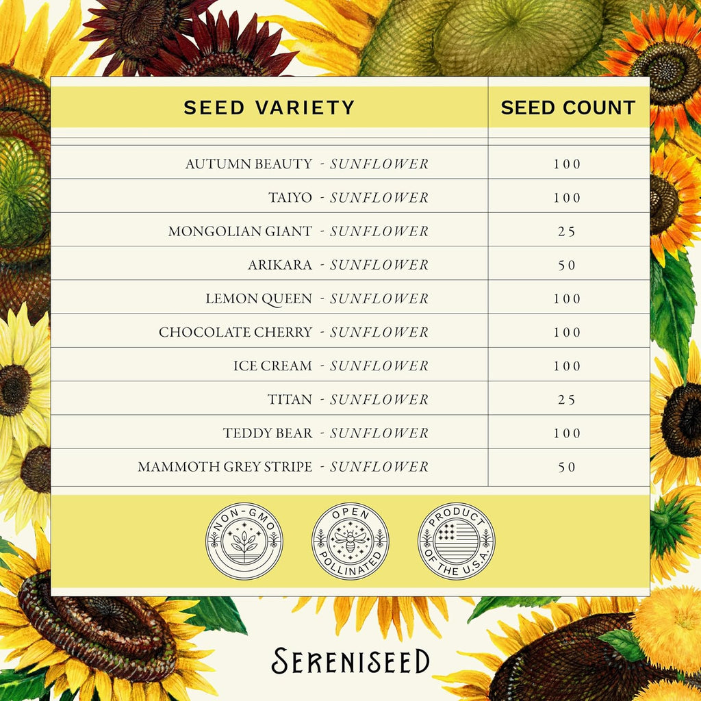 Sereniseed Sunflower Seeds Collection (10-Pack) – 100% Non GMO, Open Pollinated – Grow Guide