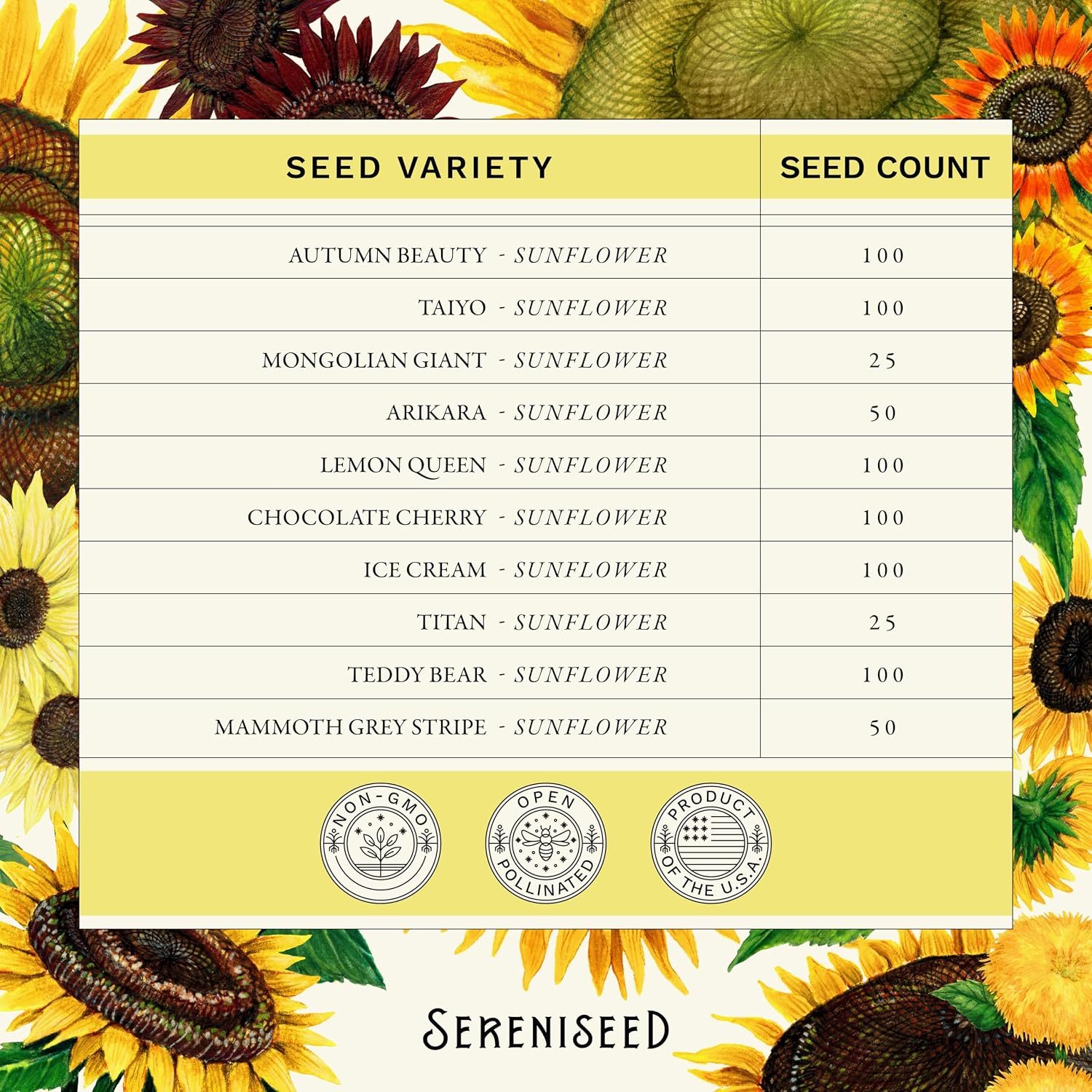 Sereniseed Sunflower Seeds Collection (10-Pack) – 100% Non GMO, Open Pollinated – Grow Guide