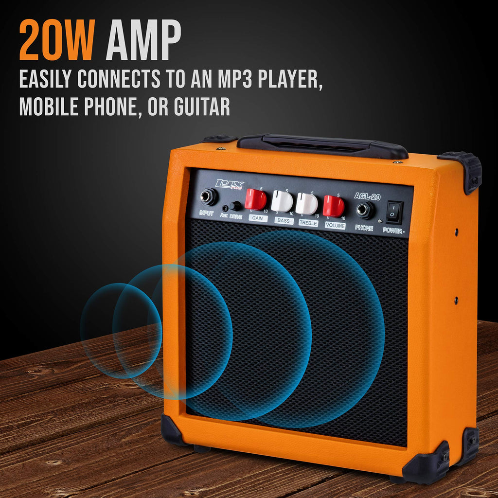 LyxPro Electric Guitar Amp 20 Watt Amplifier Built in Speaker Headphone Jack and Aux Input Includes Gain Bass Treble Volume and Grind - Black