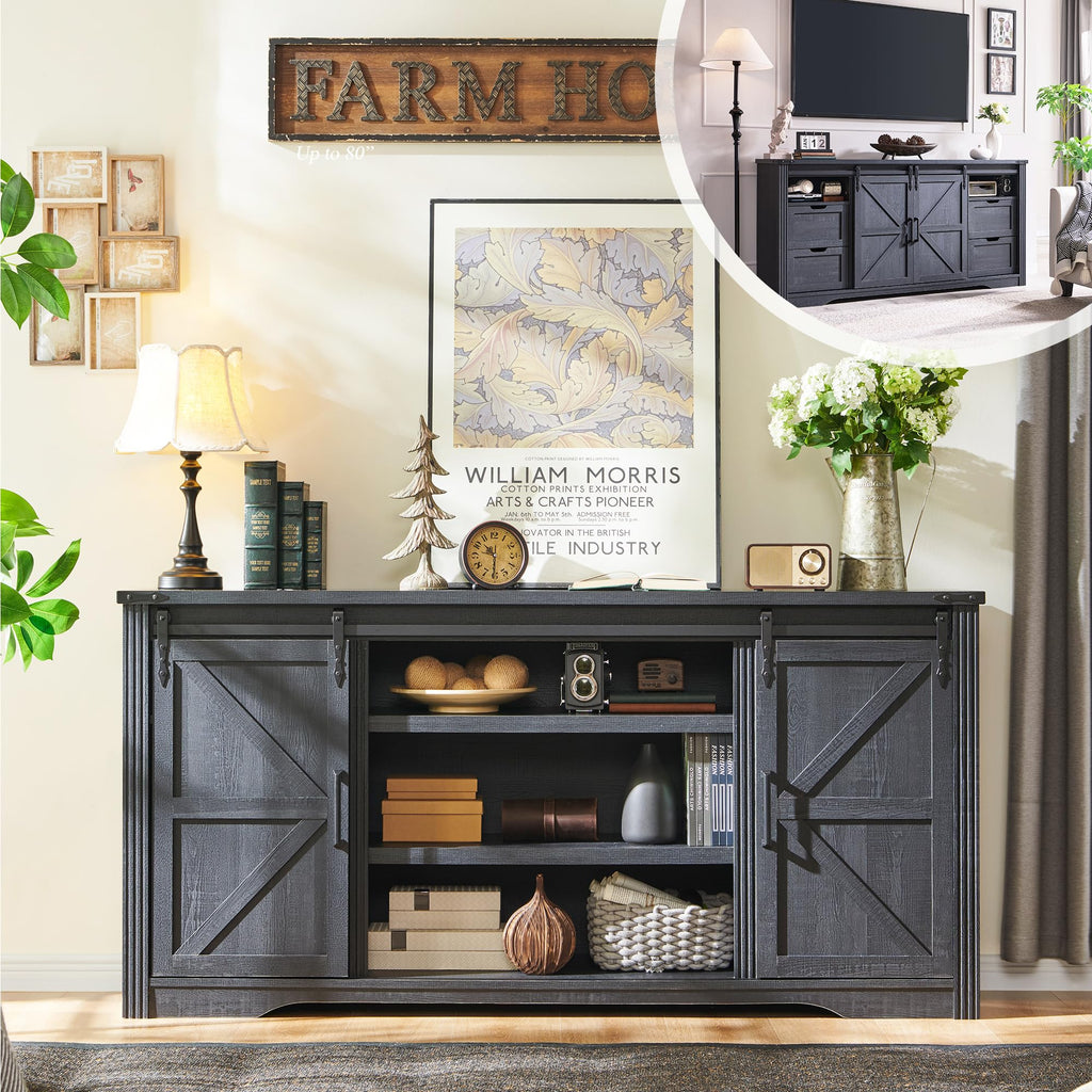 JXQTLINGMU Farmhouse TV Stand for 75+ Inch TV, 32" Tall Entertainment Center w/4 Drawers & Sliding Barn Door, Rustic Media Console w/Storage Shelves, 66" Wood Television Stand for Living Room, Black
