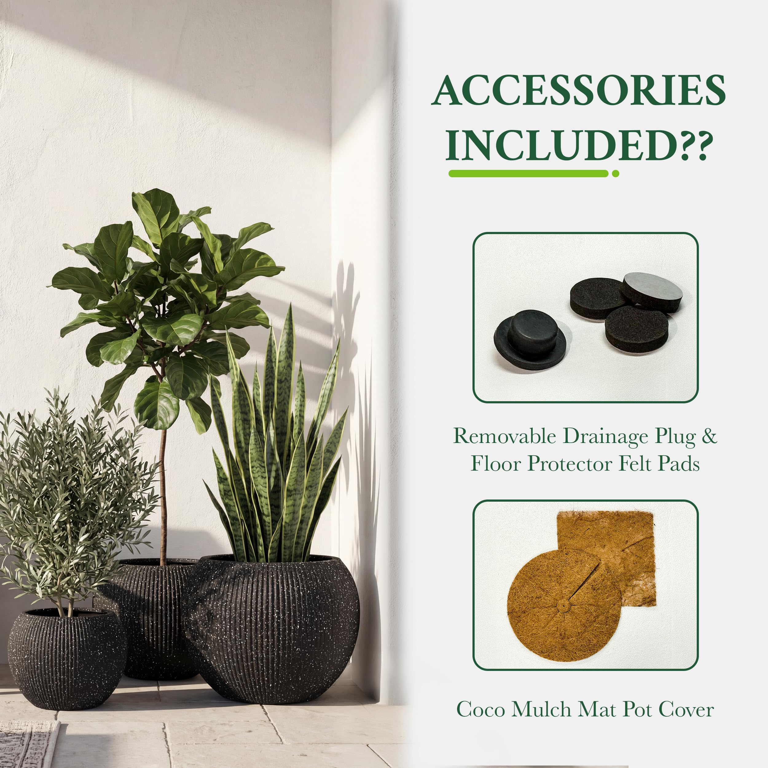DTY Fiberstone Globe Planter Indoor Outdoor — Lightweight Sphere Ball Pot for Olive Tree, Monstera & Palm | Fiberglass Stone | UV Resistant, Drainage Hole | 2 Coco Mats | Black | 12.6" D × 10" H