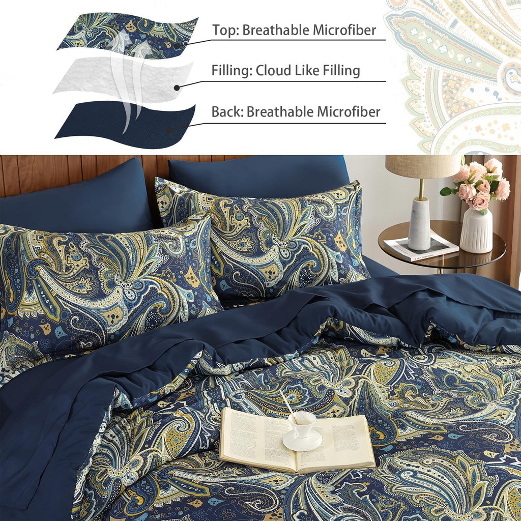 DJY Black Paisley Comforter Set Full Size 7 Piece Bed in a Bag Black and Grey Boho Paisley Pattern Comforter Set Soft Lightweight Microfiber Reversible Bedding Set for All Season