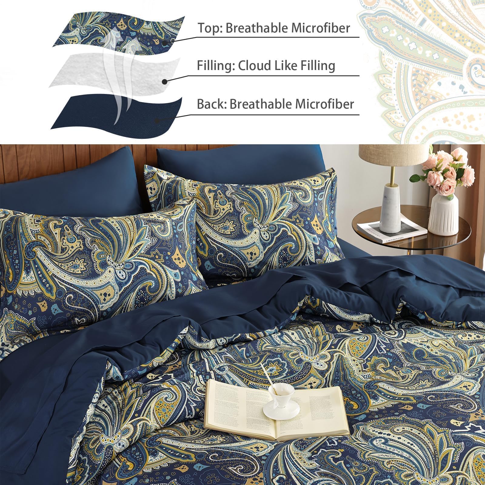 DJY Black Paisley Comforter Set Full Size 7 Piece Bed in a Bag Black and Grey Boho Paisley Pattern Comforter Set Soft Lightweight Microfiber Reversible Bedding Set for All Season