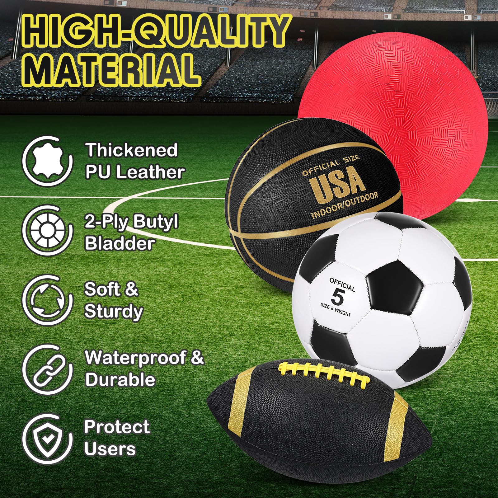 Lenwen 4 Pcs Sports Balls Set for Teen Adult, Include Official Size Basketball Soccer Football Playground Ball Pump Equipment Bag Ball Gifts Back to School