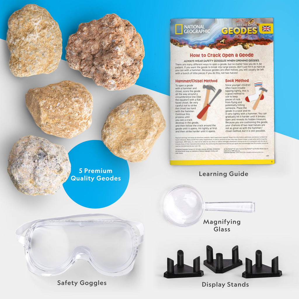 National Geographic Break Open 4 Geodes Science Kit – Includes Goggles and Display Stand - STEM Science Gift for Boys and Girls, Break Your Own Geodes with Crystals (Amazon Exclusive)