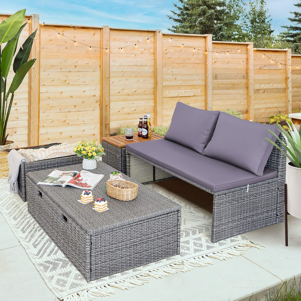 Devoko Outdoor Daybed Set Multifunctional Patio Day Bed Rattan Lounge Bed with 2 Side Tables for Backyard Porch Poolside Lawn Beach (Beige White)